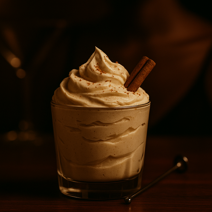 Glass of creamy whipped body butter  and a cinnamon stick on a dark background