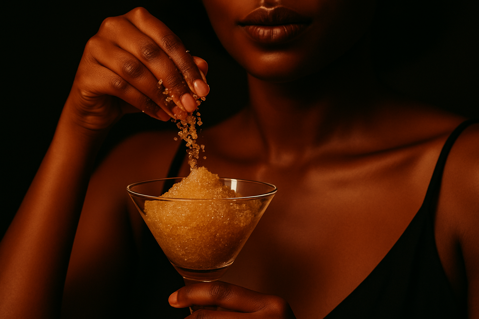 Person holding a glass with brown sugar, with a dark background